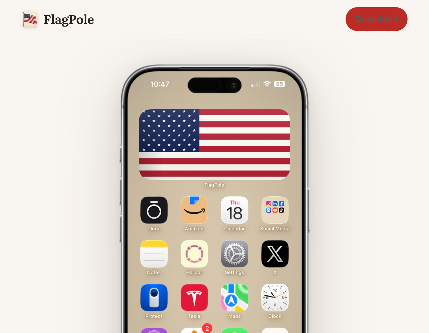 FlagPole — an accurately drawn American flag widget on an iPhone home screen